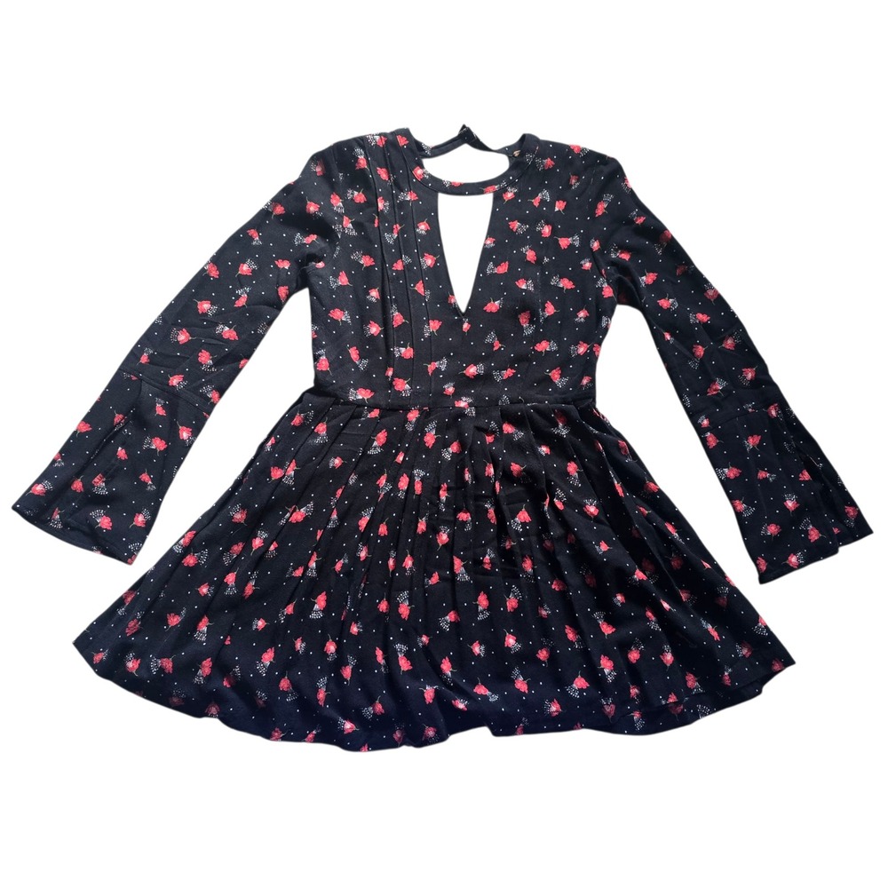 Free Peoppe Floral Print Mini Dress Long Sleeve Fit and‎ Flare Black Red Size 4